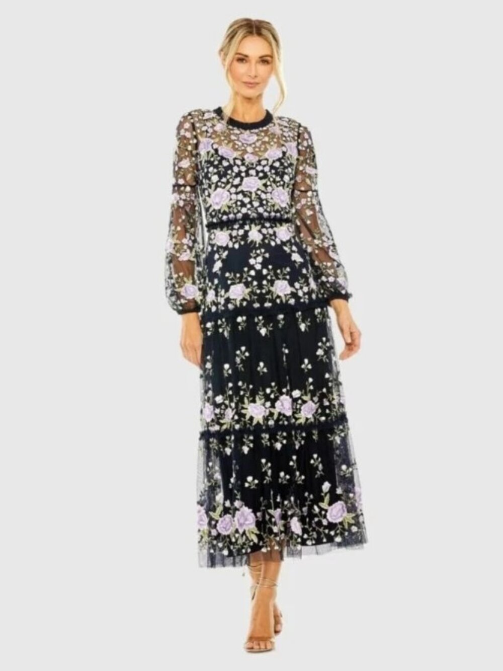 Mac Duggal Navy Blue Ruffle Neck Floral Embroidered Tiered Dress